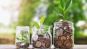 Plants growing out of coin-filled jars