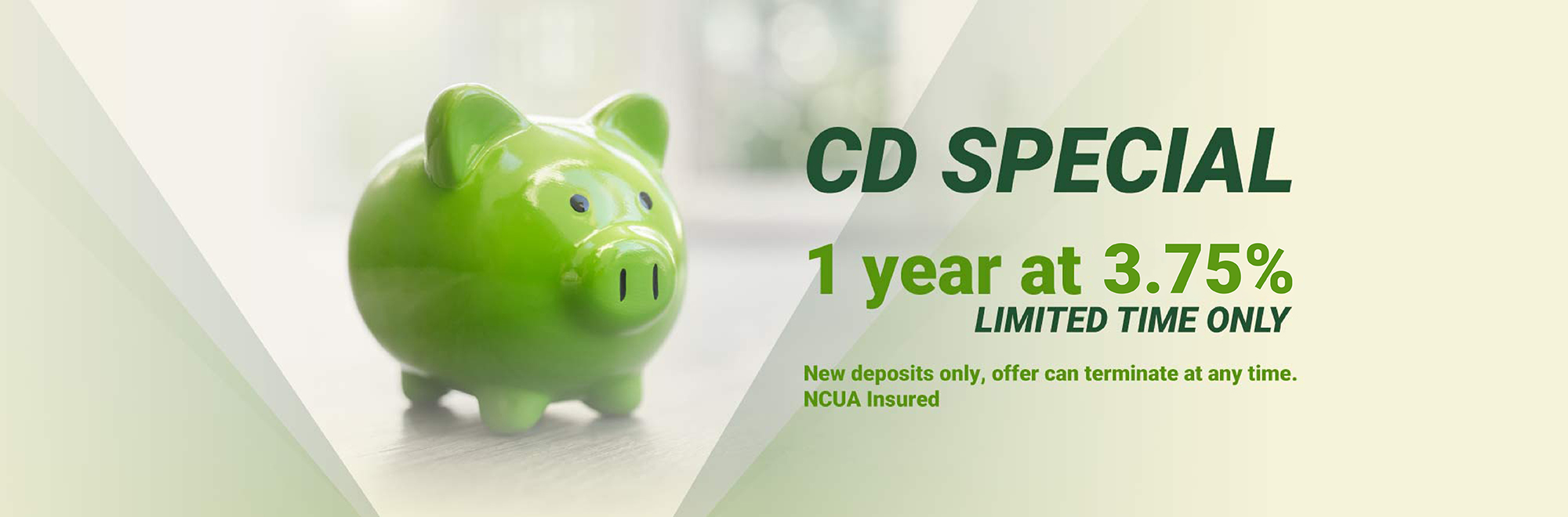 Limited time only 1 year CD Special at 3.75%. New deposits only, offer can terminate at any time. NCUA Insured. 