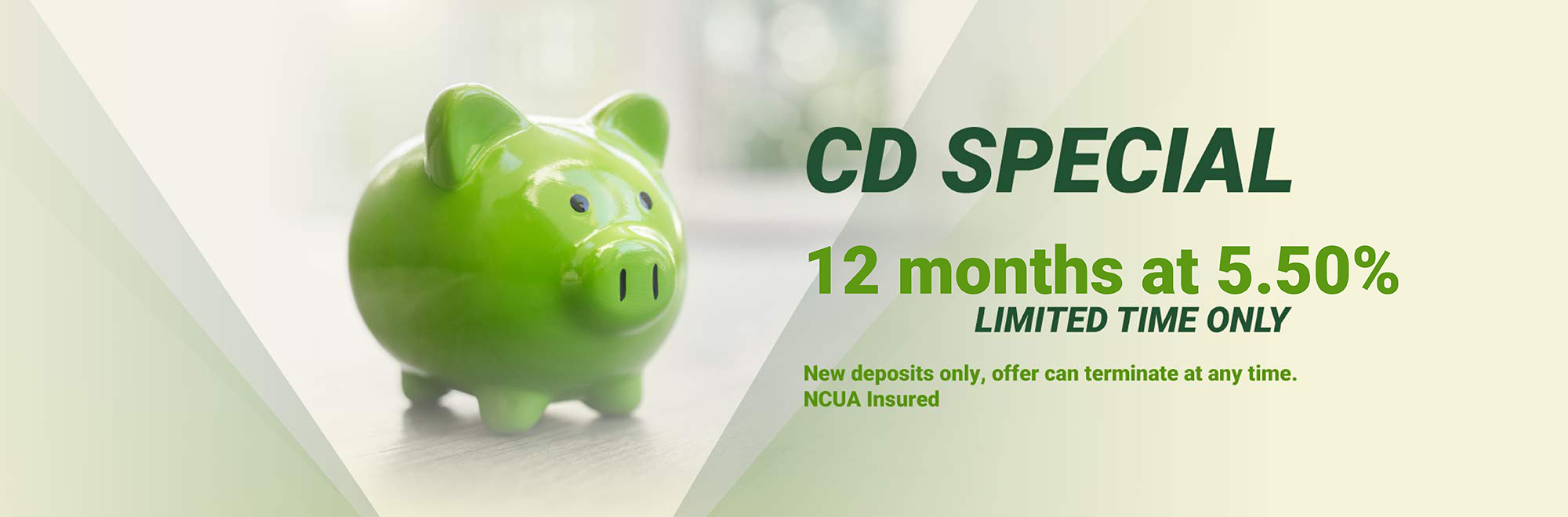 12 month limited time CD Special at 5.50%. New deposits only. Offer can terminate at any time.